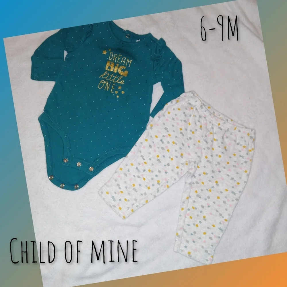 Child of Mine by Carter's EUC Dark Teal & Gold 'Dream Big' Outfit 6-9M